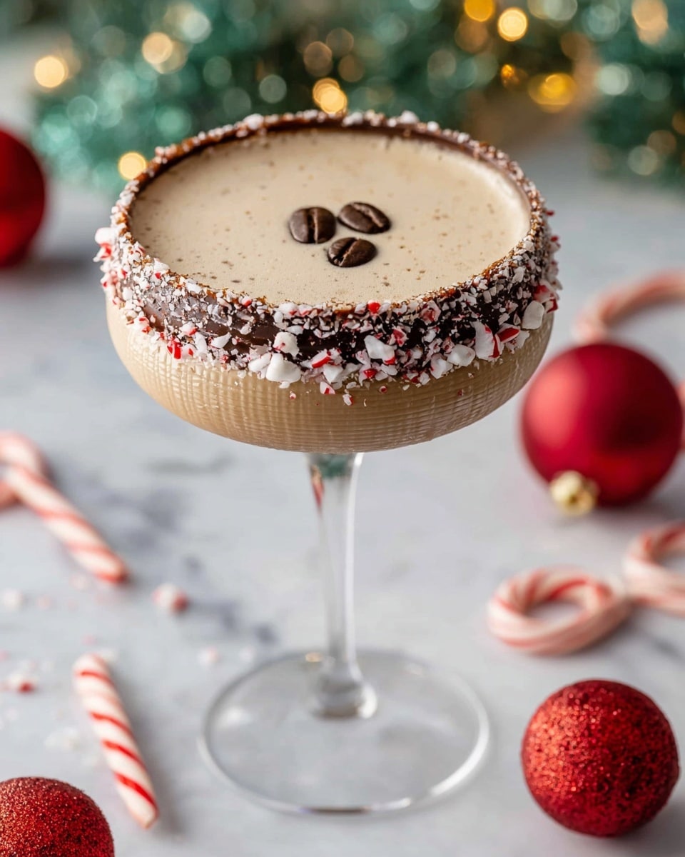 A creamy light brown drink fills a ridged, white martini glass with a flared rim, topped with three dark brown coffee beans floating in the center. The rim is coated with a dark chocolate layer sprinkled with crushed white and red bits, giving a festive look. The glass stands on a white marbled surface scattered with small red ornaments, candy canes, and coffee beans, with a soft-focus green background with warm yellow lights. Photo taken with an iphone --ar 4:5 --v 7