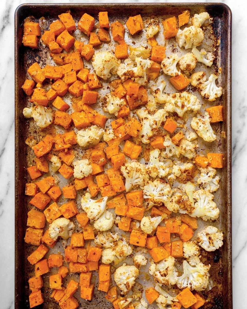 A large black baking tray filled with roasted vegetables on a white marbled surface, featuring two main layers: roughly cut, light golden-brown cauliflower florets and small, evenly diced bright orange sweet potatoes scattered throughout. The cauliflower has some darker toasted spots and a soft texture, while the sweet potatoes show slight caramelization with a firm but tender look. The vegetables are spread out unevenly with some areas more densely covered, and the tray shows signs of use with browned bits and oil stains. Photo taken with an iphone --ar 4:5 --v 7