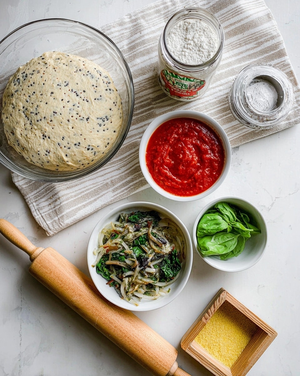 A large clear glass bowl holds one layer of white dough with small black seeds speckled throughout, smooth on top and filling the bowl. Below the bowl is a wooden rolling pin with beige wood texture, its handles rounded and visible. To the right of the rolling pin, there is a white bowl filled with dark green fresh basil leaves layered loosely. Next to the basil is a small wooden square dish with a yellow powder, slightly coarse. Below that, a white bowl contains a thick bright red tomato sauce with a smooth texture. Below the bowl of tomato sauce, a white bowl holds cooked onions with a golden brown color mixed with wilted green spinach leaves. To the far right is a white metal can with a colorful label showing a tomato and text. The scene is set on a white marbled textured surface with a light gray and white cloth partially visible at the top right. Photo taken with an iphone --ar 4:5 --v 7