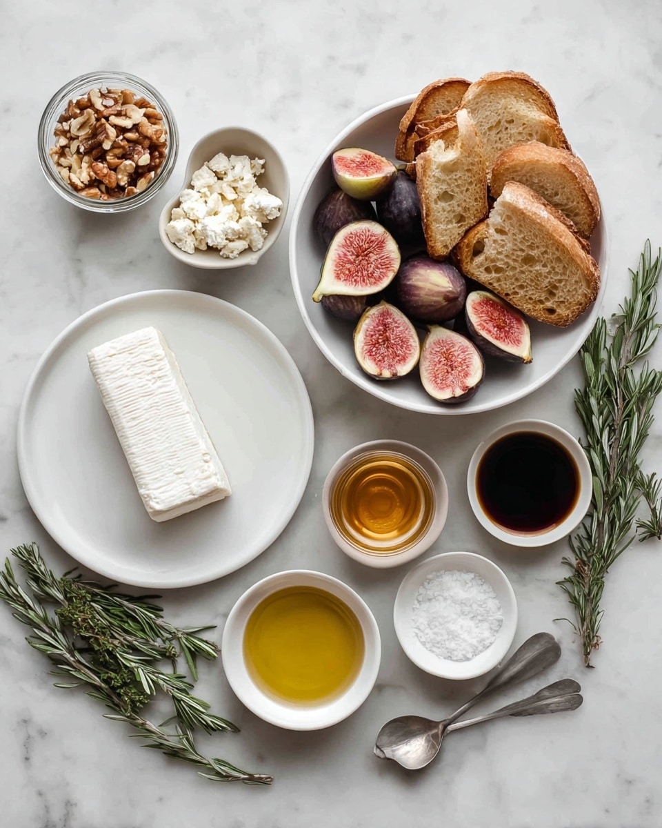 The image shows a top view of ingredients arranged neatly on a white marbled surface. There is a white plate with a log of soft white cheese and a creamy block beside a small round bowl of amber-colored honey. Nearby, there is a white bowl filled with halved fresh figs showing their pinkish-red inner flesh with darker outer skin. A second white bowl holds golden toasted bread slices with a crunchy texture. A small glass jar contains chopped nuts in light and dark brown tones. Two teaspoons hold white coarse salt, and small white bowls contain golden olive oil and dark balsamic vinegar. Sprigs of fresh green rosemary add a natural touch next to the bowls. Photo taken with an iphone --ar 4:5 --v 7
