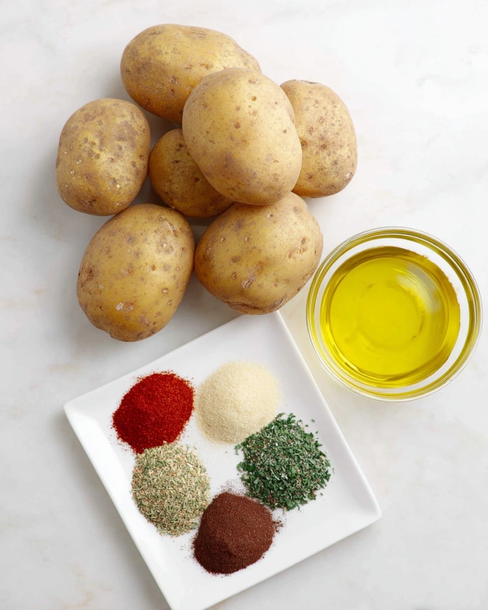 The image shows five yellow potatoes with some brown spots on their skin placed on a white marbled surface. Below the potatoes is a white square plate with six different spices neatly arranged in separate small piles: green parsley, pale beige garlic powder, red paprika, dark brown cumin, white onion powder, and mixed dried herbs. To the right of the plate, there is a small clear plastic cup filled with bright yellow oil. The colors and textures are clear and simple, set against the clean white marbled background. Photo taken with an iphone --ar 4:5 --v 7