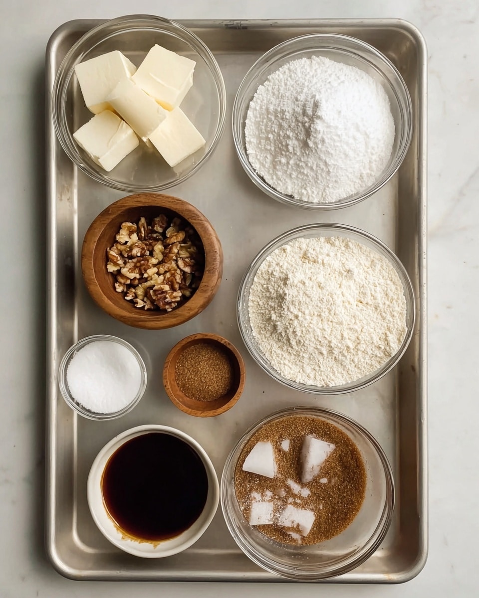 The image shows eight bowls and dishes arranged on a silver tray with a white marbled texture. Starting from the top left, there is a clear glass bowl with white blocks of butter, next to it is a round wooden bowl filled with a light brown crumbly mixture. To the right is a small white dish with a brown liquid inside. Below on the left, there is a clear glass bowl filled with white sugar, and in the center a small wooden dish holds a brown powder. To the right, a clear glass bowl contains a mixed brownish wet ingredient. Below, a small white dish holds a white powder and next to it at the bottom right is a small wooden dish with white salt. At the bottom left, a large clear glass bowl holds white flour. The whole setup is clean and organized. photo taken with an iphone --ar 4:5 --v 7
