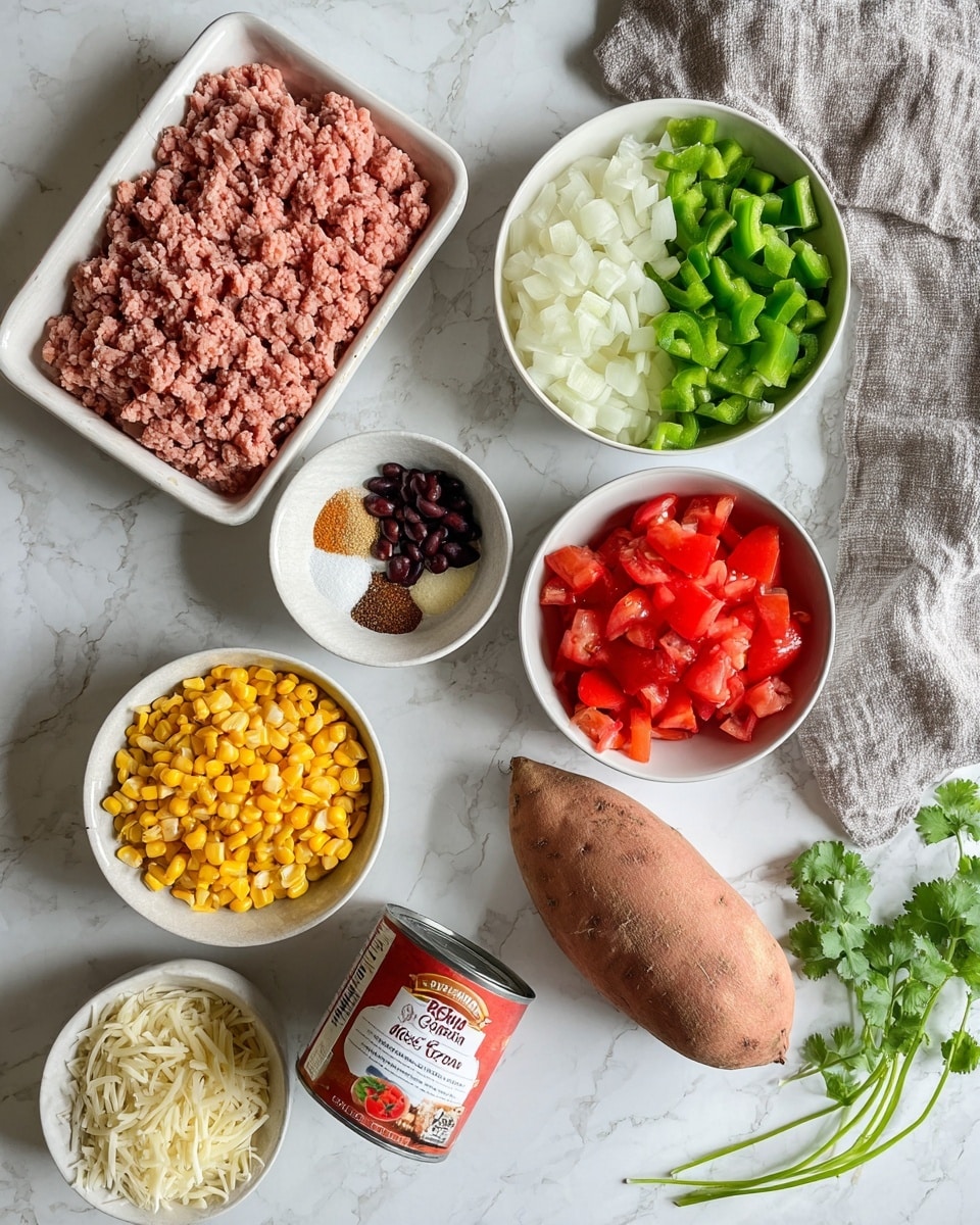 A flat lay image of raw ingredients arranged neatly on a white marbled surface. In the top left corner, there is a white tray filled with light pink ground meat. To the right of it, a white bowl holds three sections of chopped vegetables: green bell peppers, white onions, and red tomatoes. Below that, there is a smaller white dish containing mixed spices in brown, red, and beige shades. In the center, a single whole sweet potato with a brownish-orange skin lies horizontally. To the bottom left of the sweet potato, a white bowl is filled half with yellow corn and half with black beans. Next to this bowl, a tilted can of diced tomatoes with a red tomato image sits partially visible. At the bottom right corner, a small white bowl contains shredded white cheese. A small sprig of fresh green cilantro is placed near the cheese, and a wrinkled light grey cloth is draped on the top right edge. Photo taken with an iphone --ar 4:5 --v 7