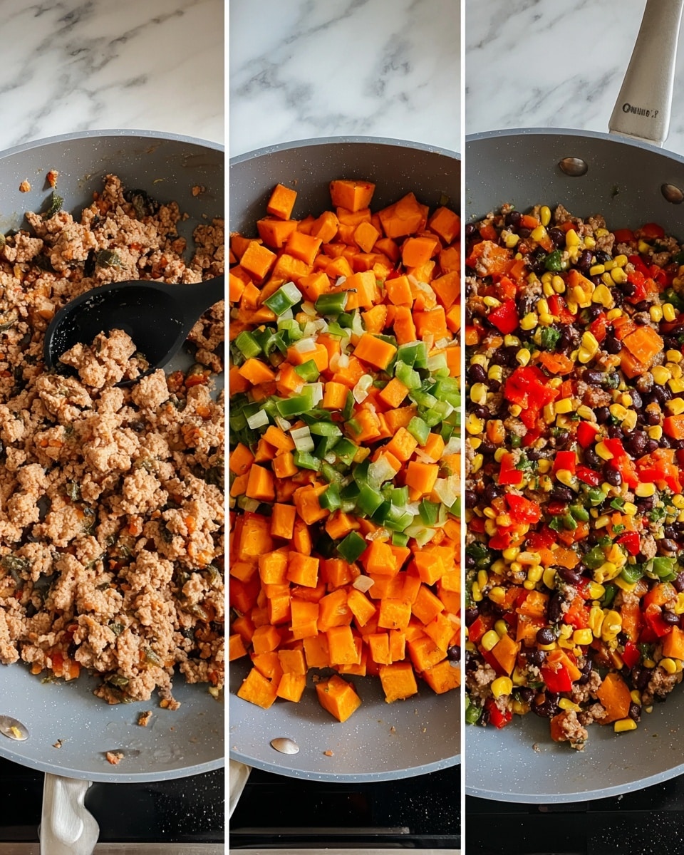 The image shows three steps of cooking in a gray pan on a stove with a black surface. The first step has cooked ground meat being taken out of the pan with a black spoon into a white bowl, the meat is light brown and crumbly. The second step shows diced vegetables in the pan, including orange sweet potatoes, green bell peppers, red bell peppers, and white onions, all chopped in medium pieces, layered evenly in the pan. The third step shows the fully cooked dish with the meat mixed back in with the vegetables, now with added black beans and corn, and the ingredients combined warmly with a mix of orange, green, red, yellow, and brown colors, giving the dish a rich and hearty look. The background is a white marbled surface. photo taken with an iphone --ar 4:5 --v 7