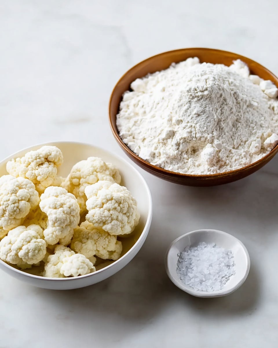 A white bowl filled with soft, powdery white flour sits on the right side on a white marbled surface. To its left, a round bowl holds off-white cauliflower florets that have a bumpy texture and are slightly clustered. On the far right, a small white bowl contains a small pile of coarse white salt. The image is bright and clear, showing all elements well, with natural light highlighting the textures and colors. photo taken with an iphone --ar 4:5 --v 7