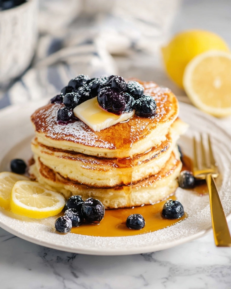 A stack of four thick, golden brown pancakes sits in the center of a white plate, with syrup soaking into the sides and pooling around the base. On top of the stack is a square of melting butter surrounded by fresh, dark blueberries dusted lightly with powdered sugar. More blueberries and a bright yellow lemon slice rest on the plate beside the pancakes, adding a pop of color. A gold fork lies to the right of the stack on the plate, all placed on a white marbled surface with soft, natural lighting. Photo taken with an iphone --ar 4:5 --v 7