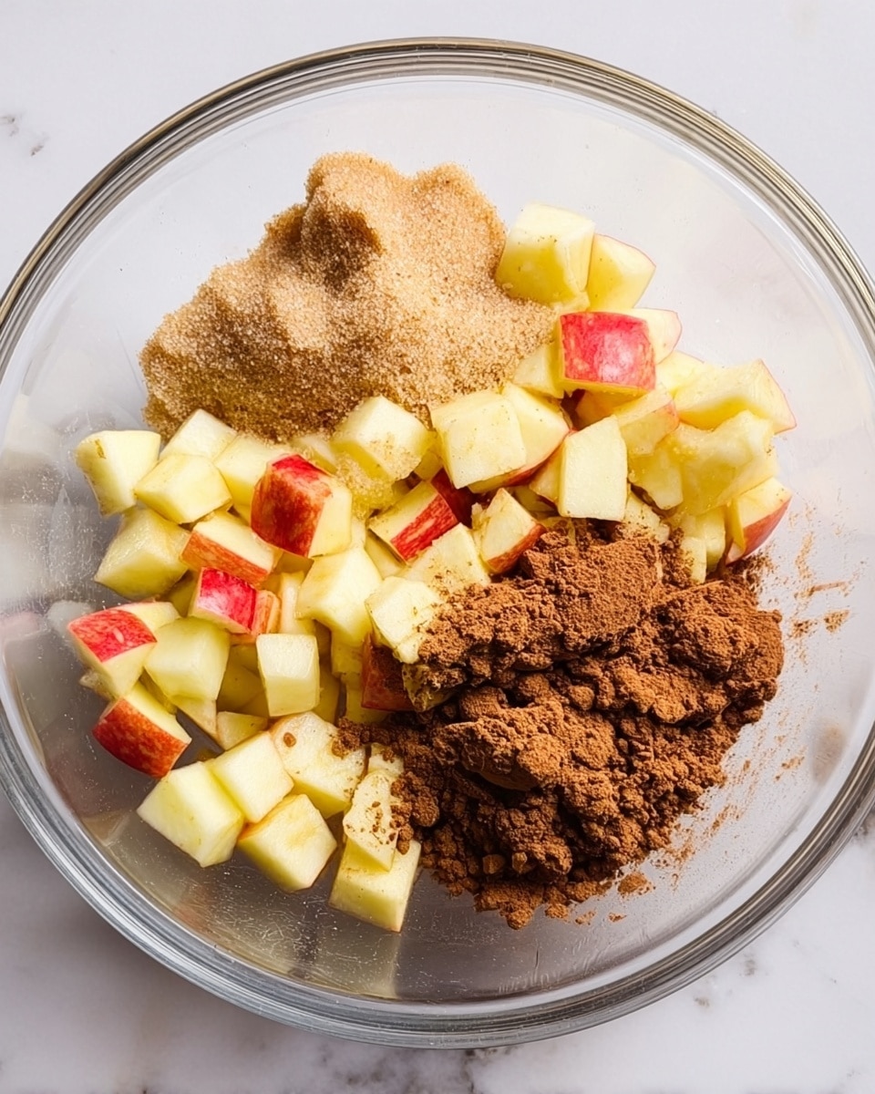 In the clear glass bowl on a white marbled surface, there are four main parts spread out separately but close together. The bottom left has a layer of small, pale yellow and red cubed apple pieces with shiny skin. On the top left, there's a pile of soft, light brown sugar with a crumbly texture. The right side shows a deep, dark brown powder of cinnamon in a loose pile with some small clumps. The glass bowl and ingredients are seen from above with a soft light that makes the colors clear and natural, photo taken with an iphone --ar 4:5 --v 7