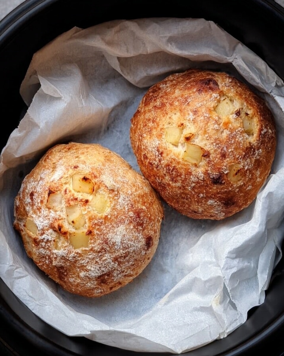 Two golden brown rolls with a rough crust and visible small chunks of apple on top sit on crumpled white parchment paper inside a black round cooking basket. The rolls have a slightly uneven round shape with a matte texture dusted lightly with flour. The parchment paper contrasts softly with the rolls and the dark basket edges frame the scene. photo taken with an iphone --ar 4:5 --v 7