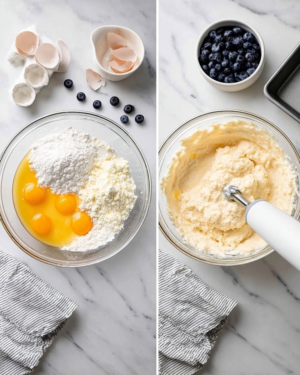 Two images side by side show the process of mixing ingredients in a large clear glass bowl on a white marbled surface. On the left image, the bowl holds four yellow-orange egg yolks, white powder (flour or sugar), and crumbly white cheese, with cracked egg shells in a white egg holder and a few scattered blueberries to the top left. The right image shows the same bowl with a smooth, creamy mixture of light beige color being blended with a white hand blender. Above the bowl is a small white cup filled with dark blue blueberries and a metal baking pan to the right. A white cloth with grey stripes is placed partially under the bowl in both images. Photo taken with an iphone --ar 4:5 --v 7