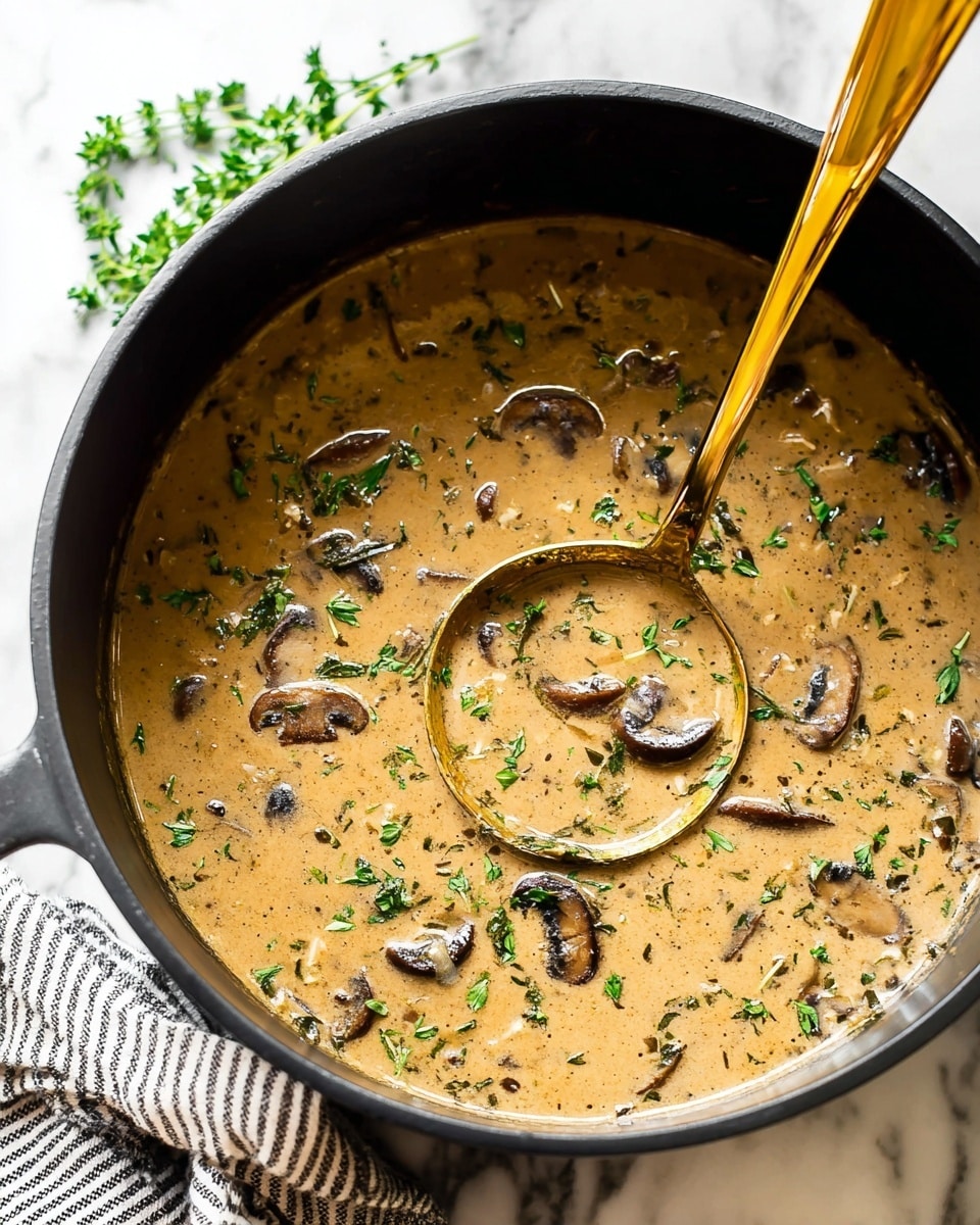 The image shows a black pot filled with creamy mushroom soup that has a light brown color with visible darker brown mushroom slices and small herbs spread throughout. On the surface, there are scattered fresh green herb pieces adding a fresh look. A large shiny gold ladle is dipped into the soup, resting on the right side of the pot. The pot is placed on a white marbled surface, and part of a striped cloth is visible near the base. Photo taken with an iphone --ar 4:5 --v 7