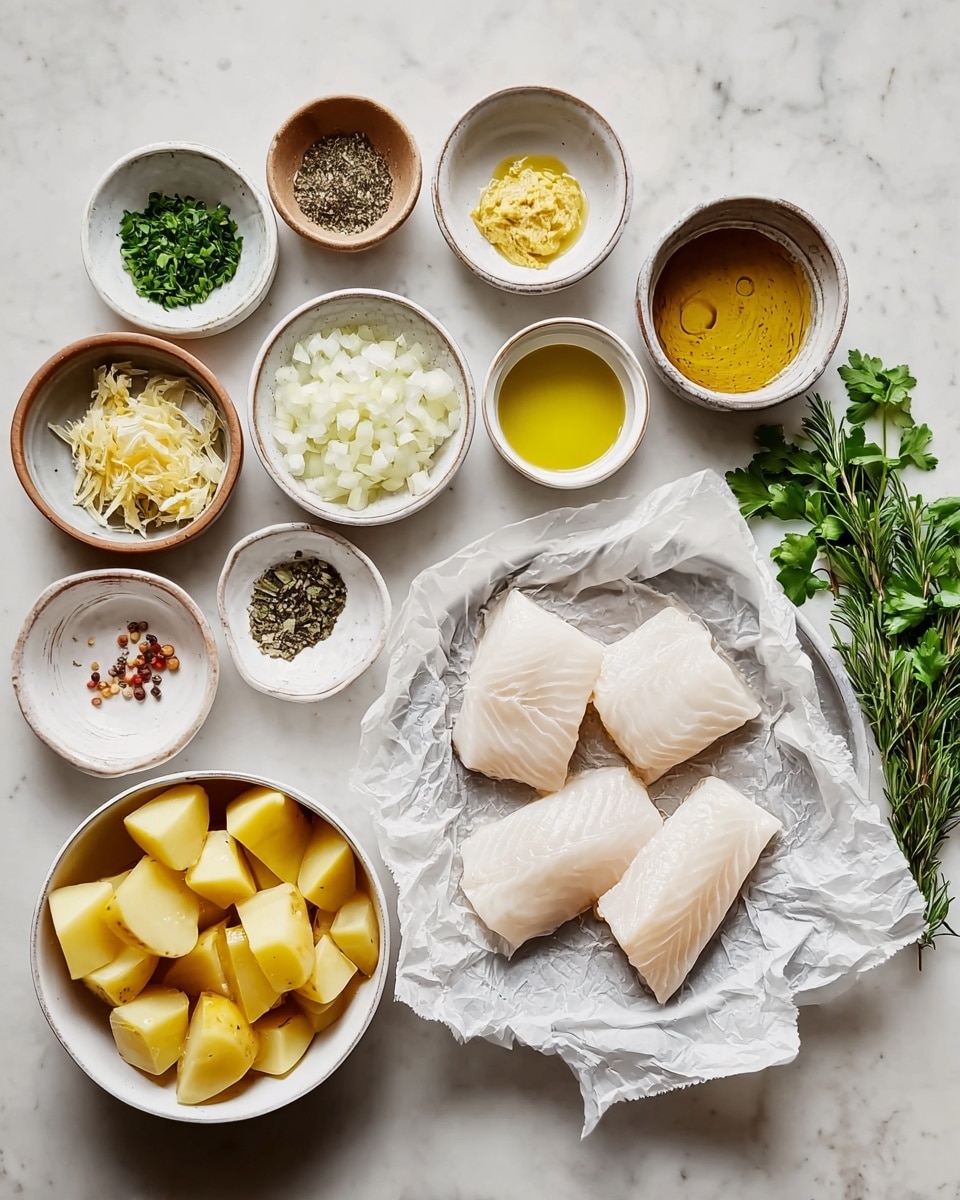 The image shows a collection of fresh ingredients arranged neatly on a white marbled surface. In the center right, three pieces of white fish fillets rest on crumpled white paper. Below them is a white bowl filled with cut yellow potatoes. To the left, various small white and wooden bowls hold finely chopped shallots, lemon zest, black pepper, salt, chicken broth, and garlic. Above the fish, more small white bowls contain mustard, butter, oil, flour, and green capers. Fresh green herbs like parsley and rosemary lie to the far right with a clean and bright look. The scene is well-lit with natural light, giving a fresh and clean feeling. photo taken with an iphone --ar 4:5 --v 7