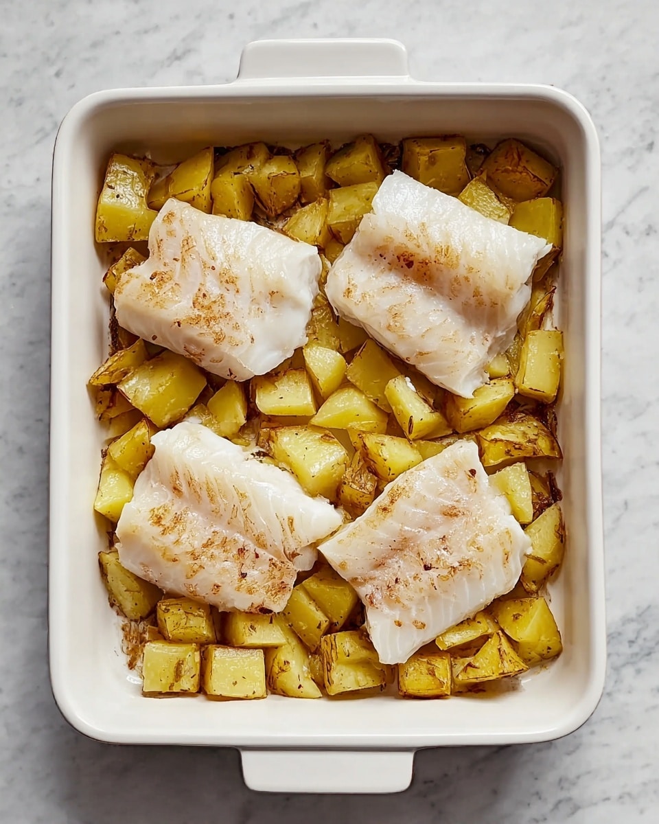 A white rectangular baking dish holds four pieces of light pink and white fish fillets placed on top of a layer of golden yellow roasted potato chunks. The potatoes have a slightly crisp texture and some browned edges, filling the bottom of the dish evenly. The fish fillets are thick, moist, and arranged with some space between them, showing the firmer potato pieces underneath. The baking dish rests on a white marbled surface. photo taken with an iphone --ar 4:5 --v 7