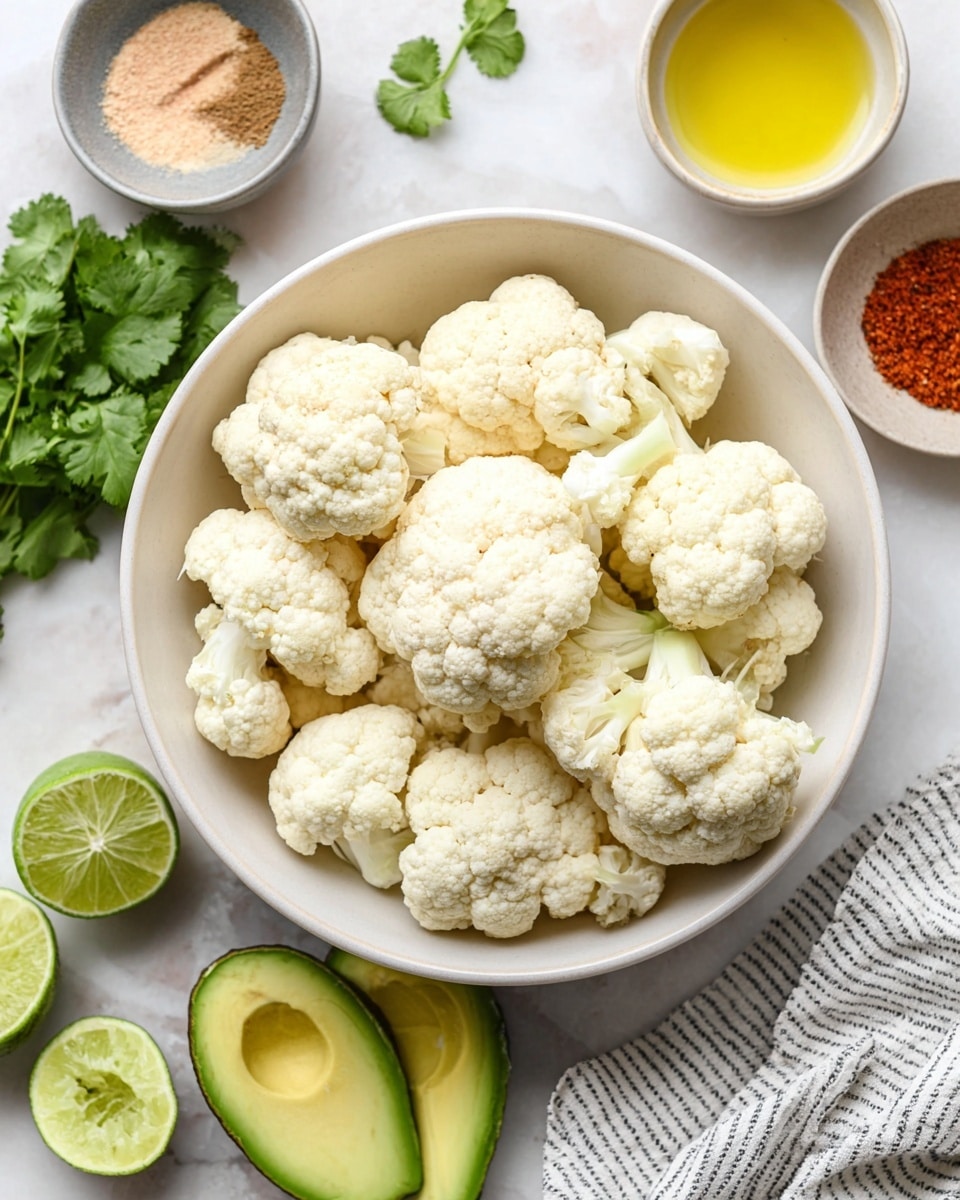 A white bowl filled with many pieces of raw cauliflower, each with a fluffy, bumpy white top and a smooth, pale stem, sitting in the center on a white marbled surface. Around the bowl are bright green lime halves and slices, fresh green cilantro leaves, fresh avocado halves with dark green skin and light green inside, a small gray bowl with light yellow oil, and a white dish with different powders in light brown, dark red, and beige colors. A white and black striped cloth is placed near the bottom right of the image. Photo taken with an iphone --ar 4:5 --v 7