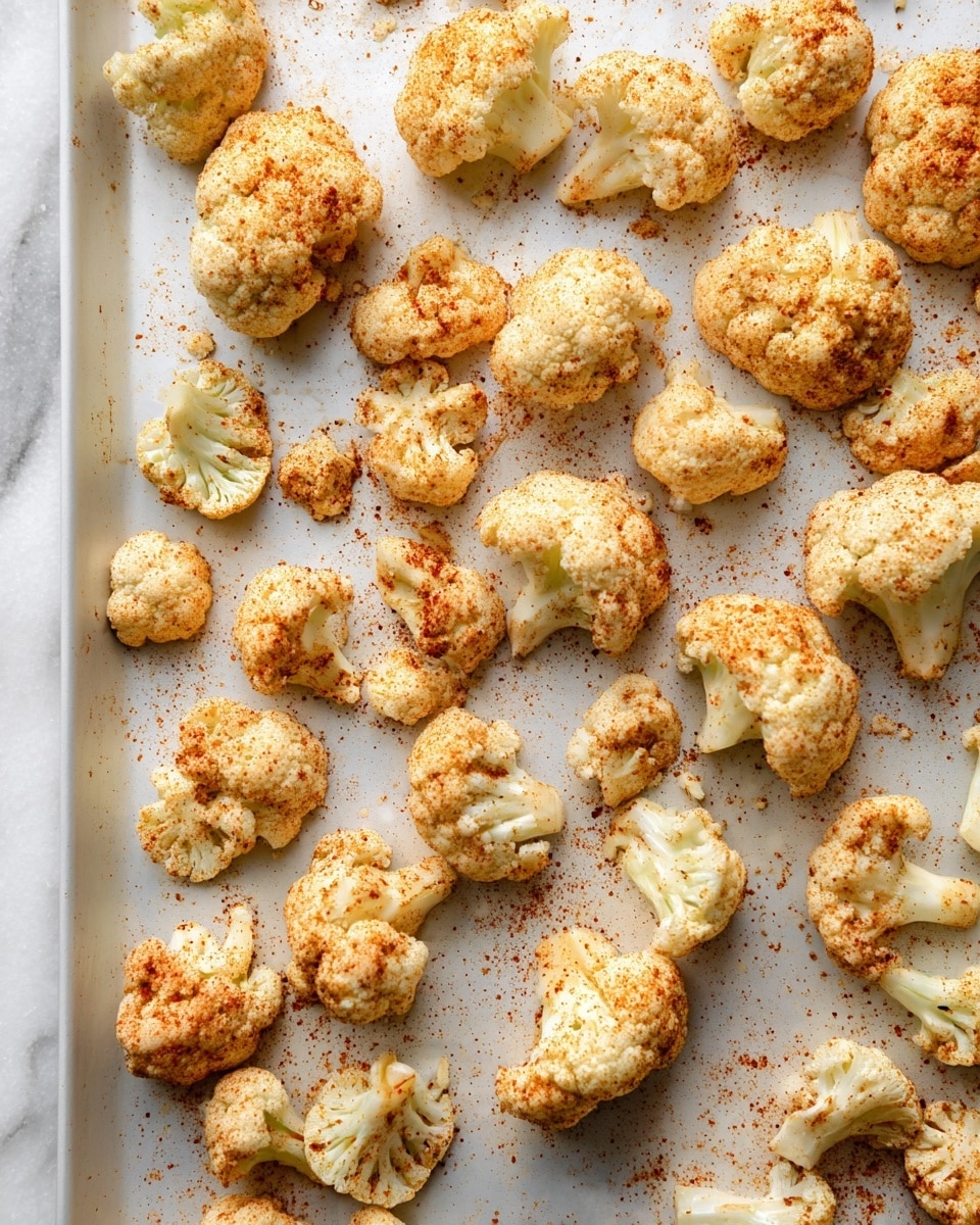 The image shows a white baking sheet filled with about 30 pieces of raw cauliflower florets, evenly spaced with some smaller pieces scattered around. The cauliflower is white with a light dusting of reddish-brown seasoning powder that looks like paprika or chili powder. The background surface has a white marbled texture that contrasts softly with the baking sheet. The florets have a rough, bumpy texture and are arranged mostly upright, showing different sizes and shapes. Photo taken with an iphone --ar 4:5 --v 7