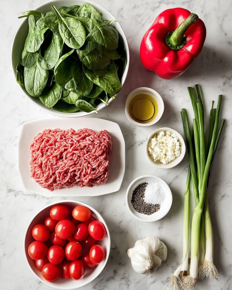 The image shows neatly arranged ingredients on a white marbled surface. In the top right is a white bowl filled with fresh green spinach leaves, and to its left is a whole red bell pepper placed directly on the surface. Below the spinach, there's a white plate holding a rectangular pile of ground meat with a textured pinkish-red color. Below the meat, a bowl contains many small, round, shiny red tomatoes. To the right of the tomatoes, a small bowl has white crumbled cheese. Scattered on the right side are three long green onions, a whole garlic bulb, a small dish with a golden liquid, a tiny bowl of black pepper, and another bowl with salt and black pepper together. The photo taken with an iphone --ar 4:5 --v 7