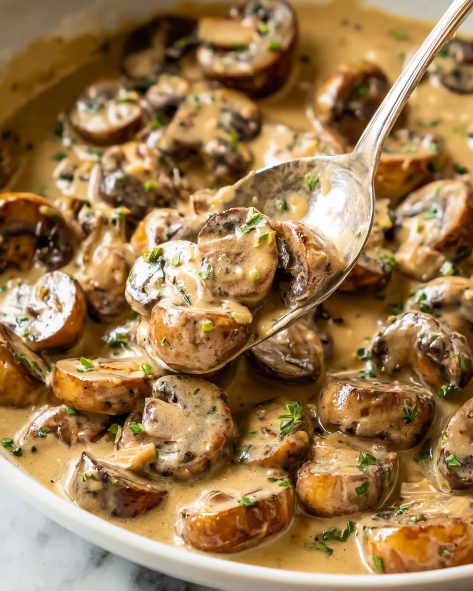The image shows a close-up of a creamy mushroom dish with sliced mushrooms in a light brown sauce, speckled with small green herb bits. The mushrooms are soft and shiny, coated fully in the smooth sauce, and they fill the whole frame. A silver spoon is scooping some of the mushrooms from the dish, and the texture of the sauce looks rich and thick. The background surface is white marbled texture. Photo taken with an iphone --ar 4:5 --v 7
