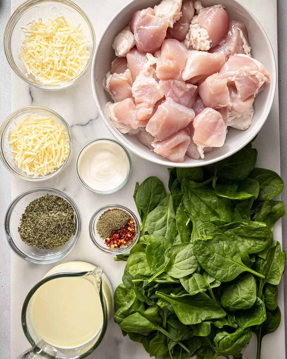 A white bowl filled with many pieces of raw light pink chicken is placed on the top right side of a white marbled surface. Below the bowl, there is a large bunch of fresh dark green spinach leaves spread out. Around the chicken and spinach, several small clear glass bowls contain ingredients: shredded pale yellow cheese, coarse white salt, black pepper, dried green herbs, red pepper flakes, and light brown garlic cloves. There is also a small clear glass pitcher with a creamy white liquid next to a similar clear glass pitcher with light yellow oil or sauce. The whole setup is bright and clean, arranged neatly on the white marbled surface. photo taken with an iphone --ar 4:5 --v 7