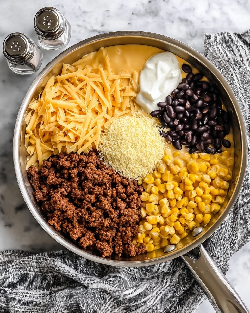A stainless steel pan filled with six distinct layers of ingredients arranged side by side: dark brown cooked ground meat on the right, bright yellow corn kernels next to it, creamy yellow cheese sauce below the beans, solid yellow shredded cheddar cheese near the top center, black beans to the left, and white sour cream dolloped near the middle on top of a small pile of grated cheese powder. The pan handle extends upward to the right, and the pan sits on a white marbled surface with a striped gray cloth partly visible below it. Two clear glass salt and pepper shakers are placed near the top left corner of the image photo taken with an iphone --ar 4:5 --v 7
