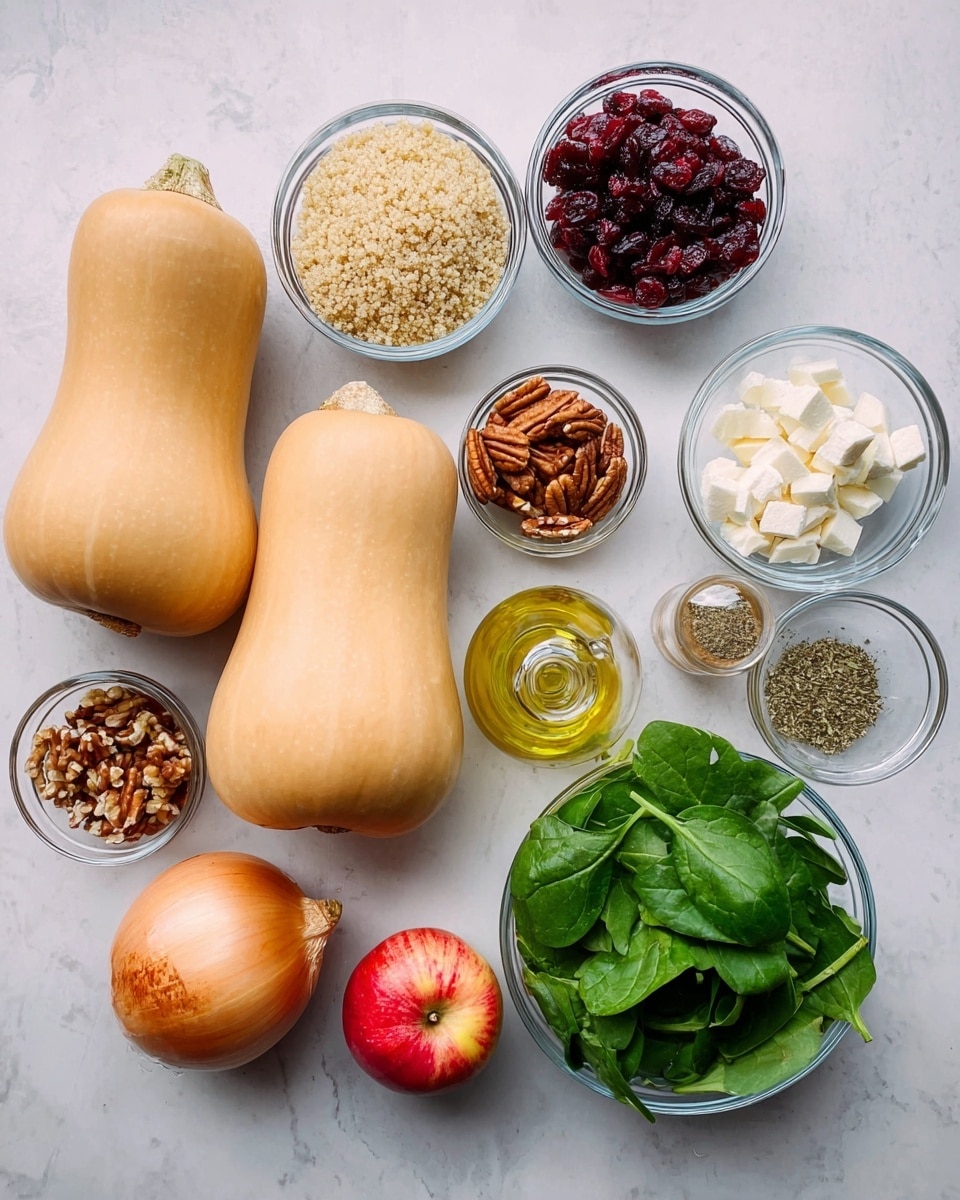 The image shows a white marbled surface with two whole butternut squashes positioned side by side on the left. Around them, there are several clear glass bowls containing different ingredients: cooked light beige quinoa, dark red dried cranberries, white crumbled cheese, light golden olive oil in a small bottle, brown pecan nuts, bright green spinach leaves, and a small bowl with mixed dried herbs and spices in green, brown, and light tan colors. There is also a single red and yellow apple and a whole light brown onion placed near the bowls. All items are neatly arranged, showing a variety of textures from smooth squash skin to leafy spinach and crunchy nuts. Photo taken with an iphone --ar 4:5 --v 7