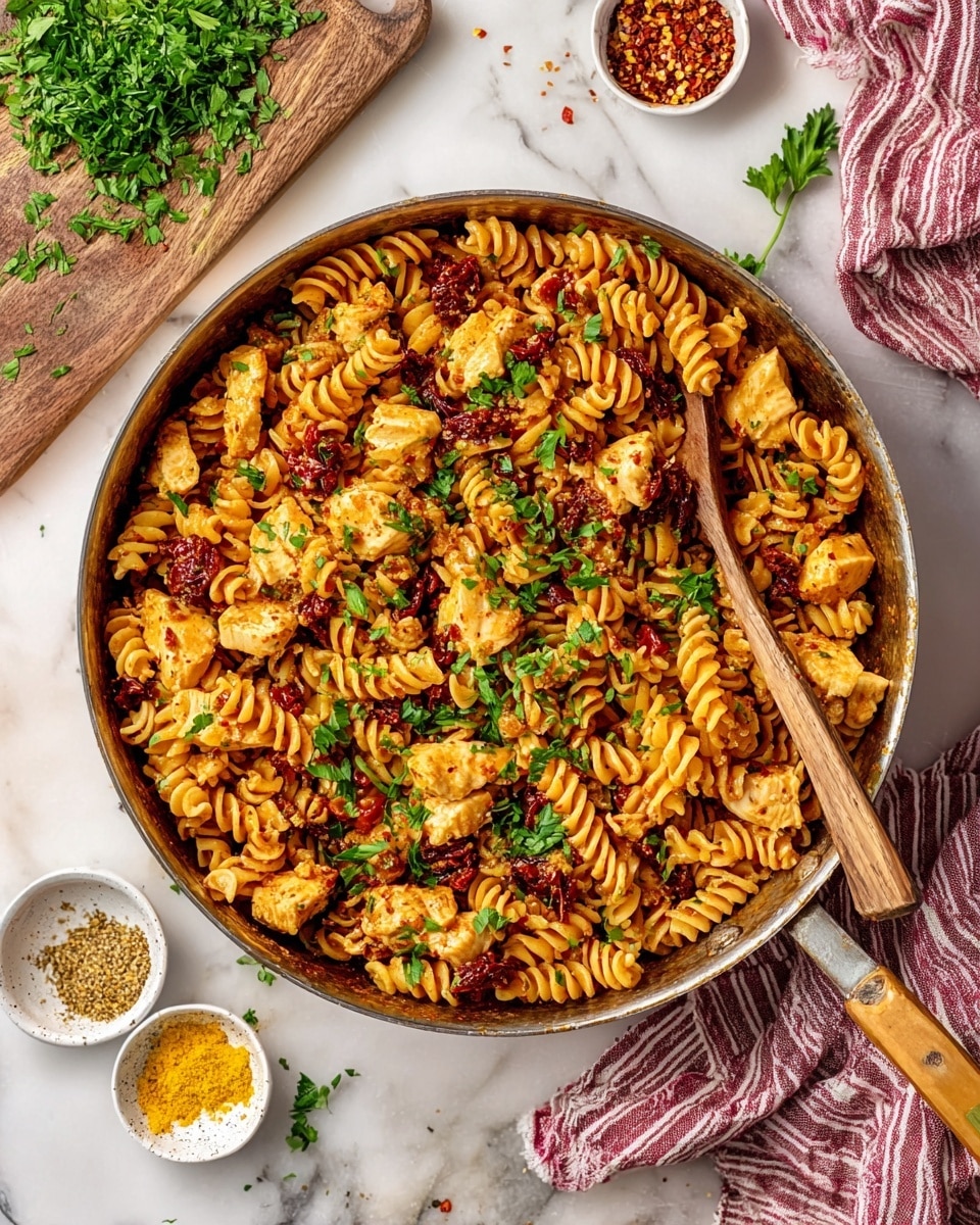 A large pan filled with spiral pasta mixed with medium-sized light brown chicken pieces and small dark red chunks of sun-dried tomatoes. The pasta is coated in a reddish-orange sauce and sprinkled with bright green chopped parsley leaves scattered evenly on top. A wooden spoon rests inside the pan with its handle pointing out. Around the pan, there are loose parsley leaves on a white marbled surface, a wooden cutting board with chopped parsley, a cloth with red and white stripes, a wooden spoon, and two small white bowls containing yellow flakes and red pepper flakes. Photo taken with an iphone --ar 4:5 --v 7