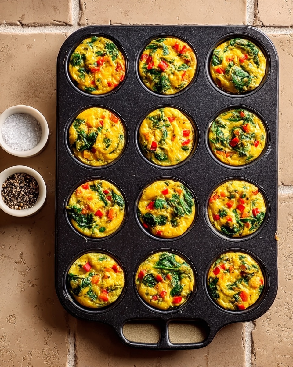 A black muffin tray holds twelve small, round egg muffins. Each muffin is filled with a mix of bright yellow cooked eggs, dark green spinach leaves, and small pieces of red bell pepper, all mixed together to create a colorful, textured surface. The spinach leaves and red pepper pieces are scattered evenly throughout the eggs, creating a fresh and healthy look. The tray is placed on a light brown tiled surface, next to two small white ceramic bowls filled with salt and black pepper. photo taken with an iphone --ar 4:5 --v 7