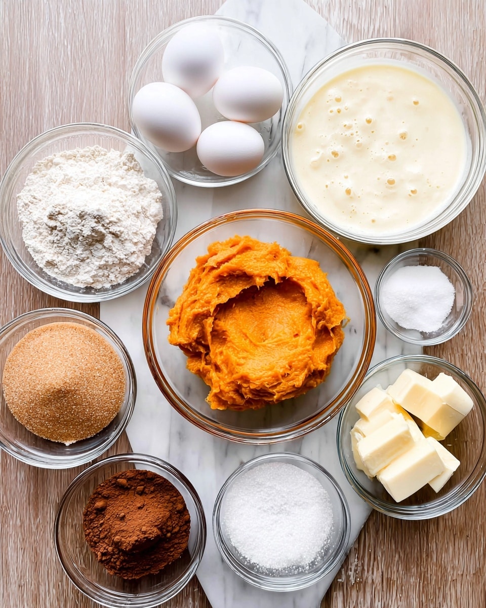 The image shows nine clear glass bowls arranged on a white marbled surface. In the center, there is a bowl filled with smooth orange mashed pumpkin or sweet potato. Surrounding it, starting from the top left and moving clockwise, there is a bowl with white flour that looks powdery, a bowl with a creamy, frothy white liquid, a bowl with white powdered sugar, a bowl with three large cubes of yellow butter, a small bowl with white salt crystals, a small bowl with brown spice powder, a bowl with light brown sugar, and a bowl containing three white eggs. The bowls are neatly spaced and the textures of each ingredient are clearly visible. photo taken with an iphone --ar 4:5 --v 7