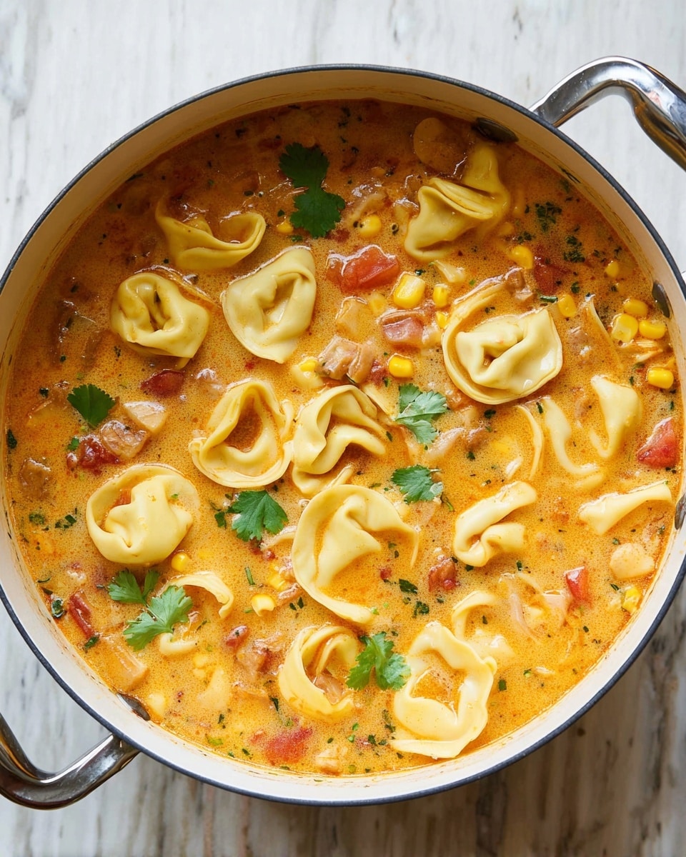 The image shows a white pot filled with creamy soup that has three main layers: light yellow tortellini pasta floating on top, a mix of small yellow corn kernels and diced light brown pieces of meat scattered throughout, and a thick orange broth with bits of red tomato and small green herbs. There are a few green cilantro leaves on the surface, adding a pop of color. The pot is set on a white marbled texture. Photo taken with an iphone --ar 4:5 --v 7