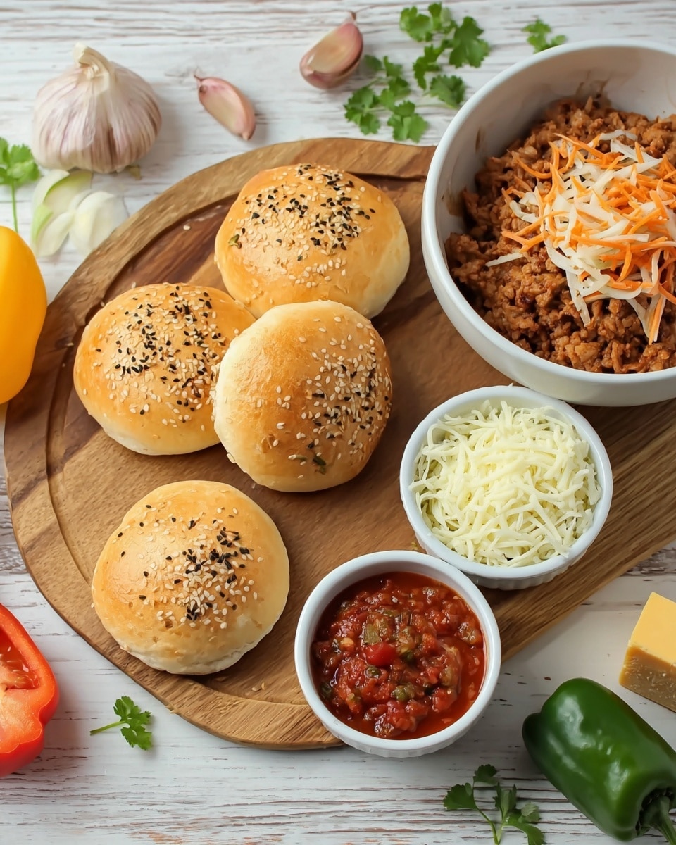 The image shows a wooden board set on a white marbled surface, holding four soft round sandwich buns with golden-brown tops sprinkled with sesame seeds and some black seasoning. Nearby, a large white bowl contains cooked brown ground meat topped with small strips of orange and white cheese. Two small white bowls sit on the wooden board, one filled with shredded white cheese and the other with shredded yellow cheese. Additionally, a small white bowl holds a chunky red tomato sauce garnished with green herbs. Around the board, there are some fresh vegetables including a whole garlic bulb, green herbs, a sliced green chili, and a whole red bell pepper with a wedge of yellow cheese nearby. Photo taken with an iphone --ar 4:5 --v 7