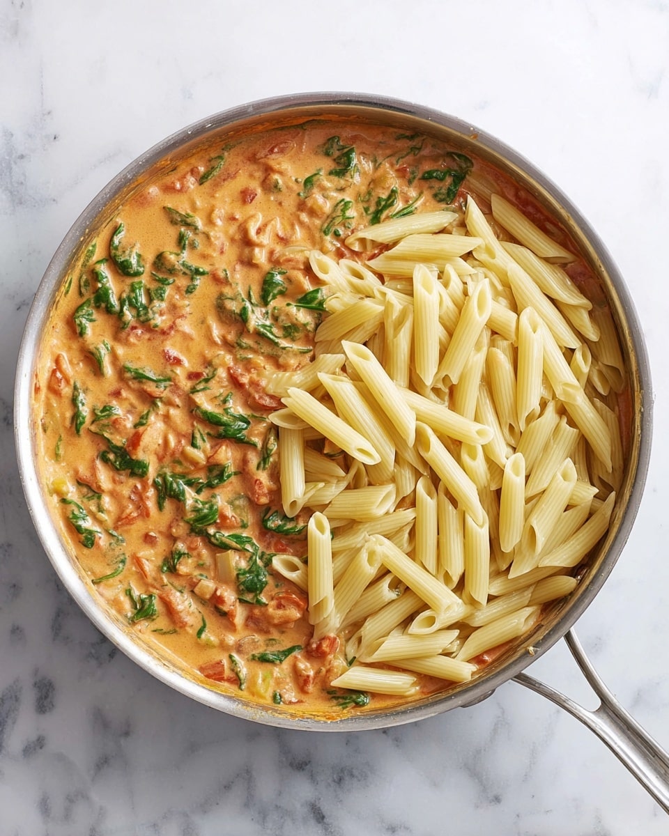 A round silver pan filled with two layers of food, placed on a white marbled surface. The bottom layer is a creamy, reddish-orange sauce with visible pieces of green spinach leaves and small bits of tomato, creating a textured mix. The top layer consists of plain pale yellow penne pasta scattered evenly over half of the sauce, with the other half of the sauce visible. Photo taken with an iphone --ar 4:5 --v 7
