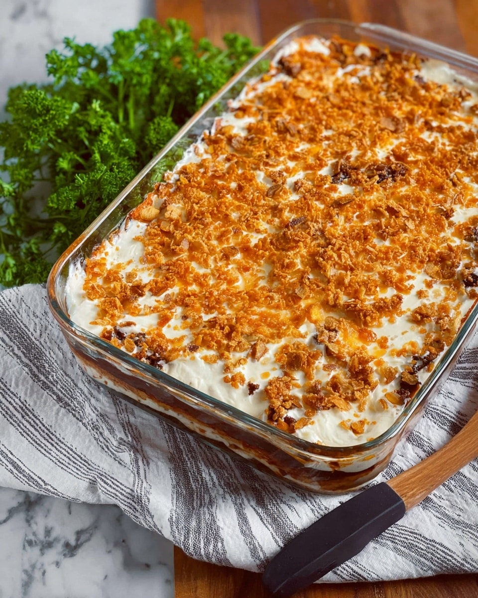 The dish is a baked casserole in a clear glass rectangular dish, showing three main layers: a dark brown base layer, topped with a thick, creamy white layer, and finished with a crunchy golden-brown topping scattered evenly across the surface. The baking dish rests on a white cloth with gray stripes, and there is a bunch of fresh green parsley placed beside it on a wooden surface which is replaced by a white marbled texture. A wooden spoon with a black handle is also placed partly under the cloth near the bottom right corner of the dish. The overall look is warm and inviting with a mix of smooth, creamy, and crunchy textures, photo taken with an iphone --ar 4:5 --v 7