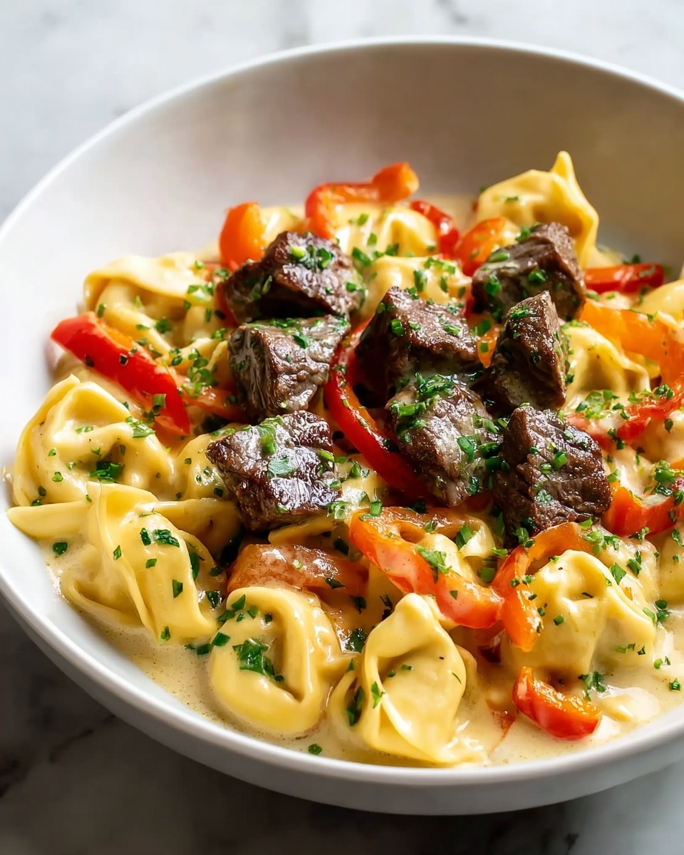 A white plate is filled with a layered dish of creamy tortellini pasta mixed with browned pieces of cooked chicken and small red pepper chunks. The pasta is yellow with a smooth texture, while the chicken pieces are golden brown with a slightly crispy surface. The dish is covered with melted white cheese and scattered with fresh green parsley for color. The creamy sauce makes the dish look rich and glossy, with a few herbs visible within it. The background is a white marbled surface. photo taken with an iphone --ar 4:5 --v 7