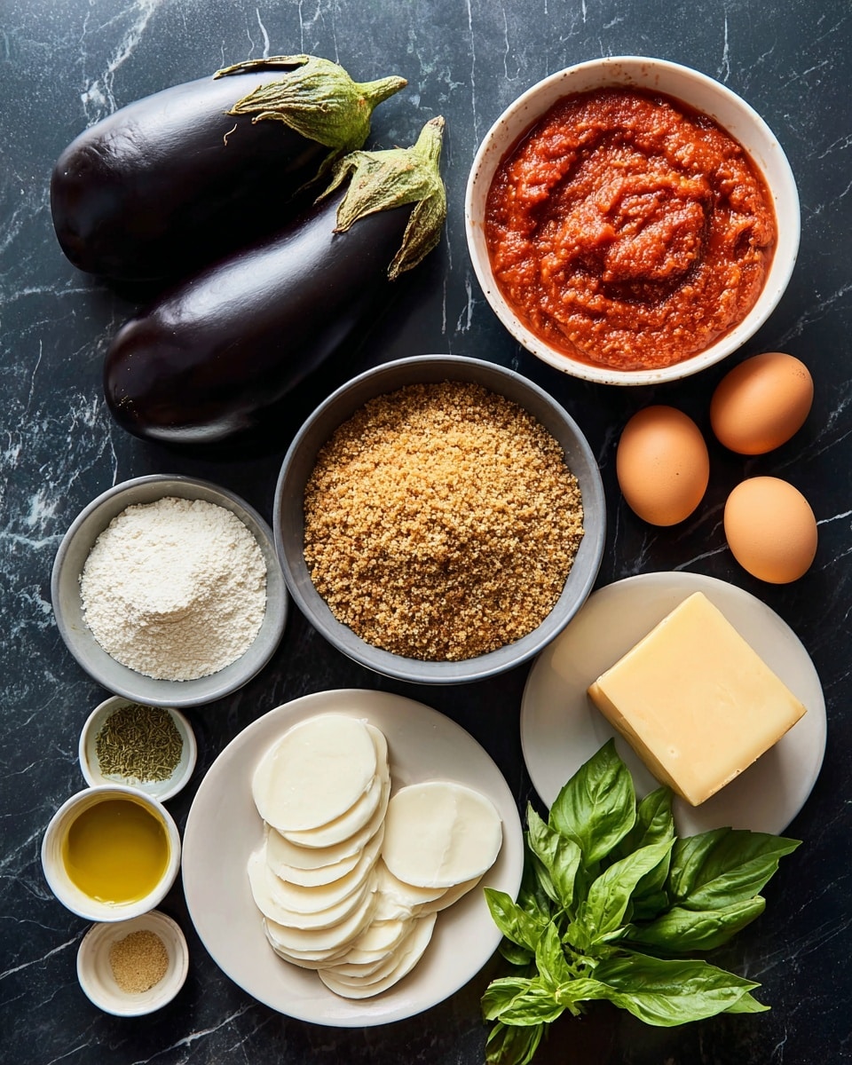 The image shows ingredients laid out on a dark surface with a white marbled texture. There are two shiny, dark purple eggplants placed close together. Near them, there is a white bowl filled with thick red tomato sauce. A gray bowl contains coarse brown breadcrumbs. On a white plate, there are slices of white cheese arranged in a row with a wedge of hard yellow cheese beside them. Two brown eggs sit next to the plate. Small containers hold a light yellow powder, mixed dried green herbs, olive oil, and white flour. Fresh green basil leaves are placed near the tomato sauce bowl. Photo taken with an iphone --ar 4:5 --v 7