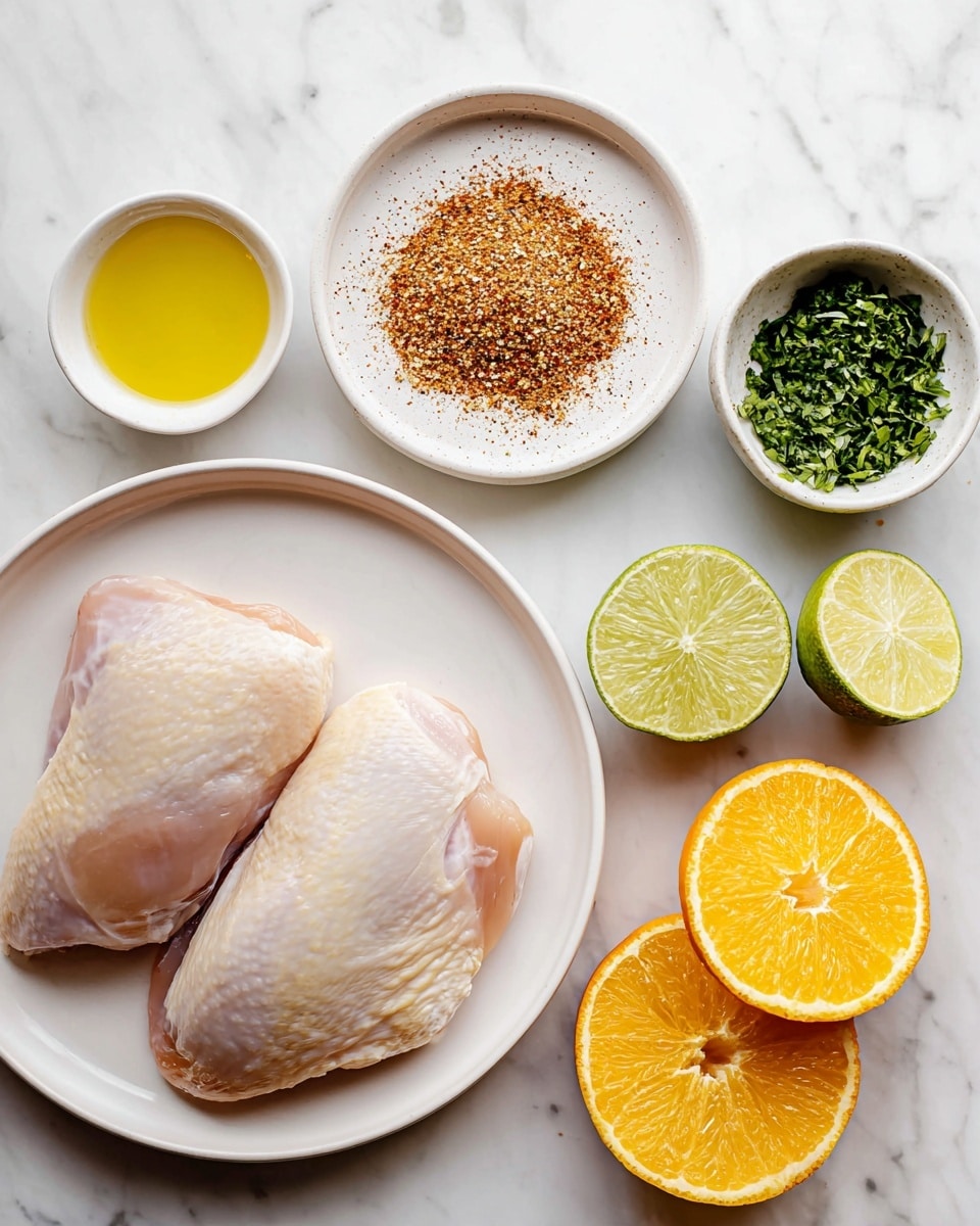 Two pieces of raw chicken lay on a white plate at the bottom of the image. Above it, in the center, a small white plate holds a pile of reddish-brown spice mix with visible grains. To the left of the spice, a small white bowl contains a yellow liquid, likely oil. Above that, another small white bowl is filled with finely chopped green herbs. On the right side of the image, there are two lime halves with pale green flesh on top, and two orange halves with bright orange flesh below them. Everything is set on a white marbled surface. photo taken with an iphone --ar 4:5 --v 7