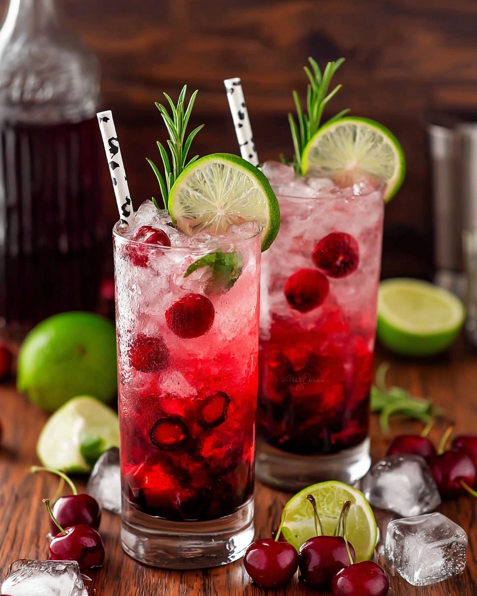 Two tall clear glasses filled with a layered drink of crushed ice and red liquid mixed with whole red cherries and green lime slices inside. Each glass has a lime slice on the rim and a sprig of green rosemary beside a white straw with black markings. The drinks are placed on a wooden surface with loose ice cubes, lime slices, whole cherries, and rosemary sprigs around. The background has a dark wooden texture and a bottle and a glass with a dark red liquid are slightly blurred behind the glasses. photo taken with an iphone --ar 4:5 --v 7