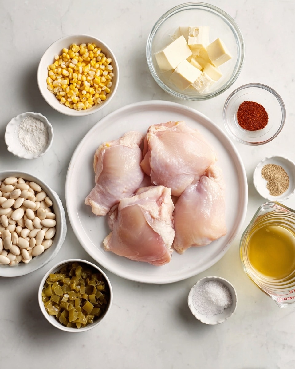 A white plate holds four raw chicken pieces, pale pink and smooth, arranged in a circle in the center of a white marbled surface. Around it are small white bowls and clear glass bowls with different ingredients: bright yellow corn kernels, white cubed cheese, white beans, a light brown powder, coarse white salt, red chili powder, a small amount of clear liquid, green chopped pickles in a metal bowl, and a clear glass measuring cup with light golden broth. The scene is clean and well-lit, each item clearly visible, with a neat and organized layout photo taken with an iphone --ar 4:5 --v 7