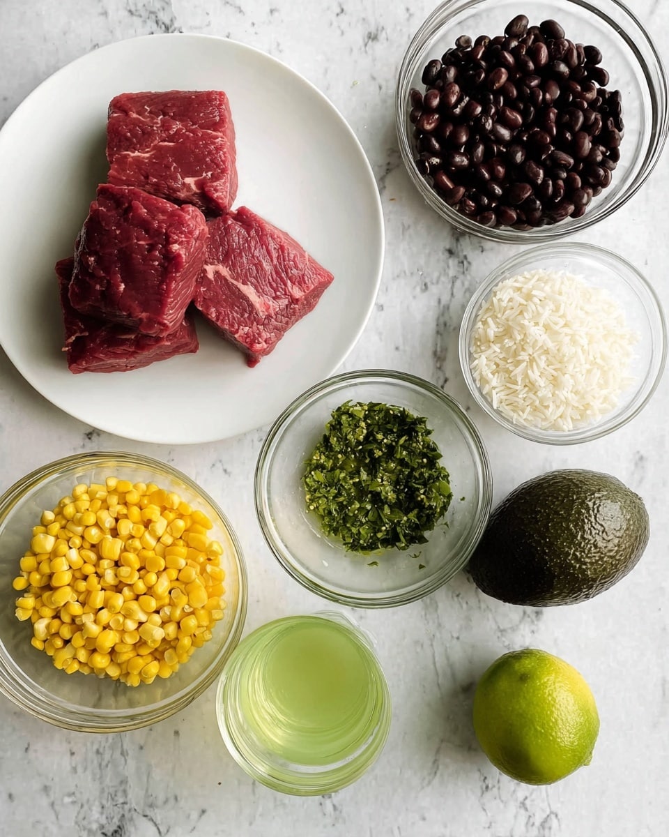 A white plate with three raw red meat pieces arranged slightly overlapping near the top left, surrounded by clear glass bowls containing bright yellow corn kernels at bottom left, dark black beans at top right, finely chopped green herbs mixed in oil near the center right, and white rice at bottom right, along with a whole dark green avocado and a fresh green lime placed directly on the white marbled surface, and a glass of light green liquid positioned at bottom left corner, photo taken with an iphone --ar 4:5 --v 7