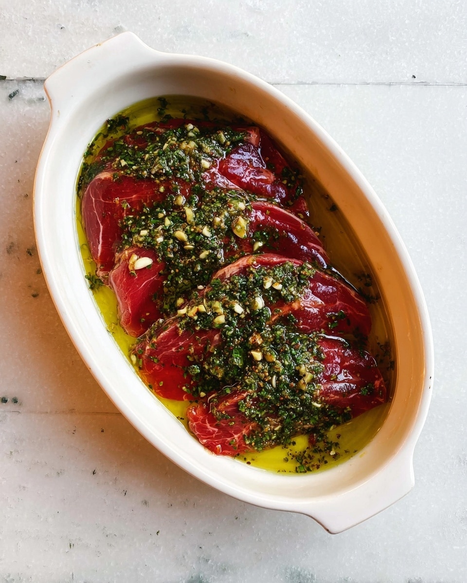 A white oval ceramic dish holds three thick red raw meat slices arranged flat and slightly overlapping. The meat is covered with a green herb sauce mixed with small white garlic pieces and a yellow oily liquid that glistens under light. The dish sits on a white marbled surface. photo taken with an iphone --ar 4:5 --v 7