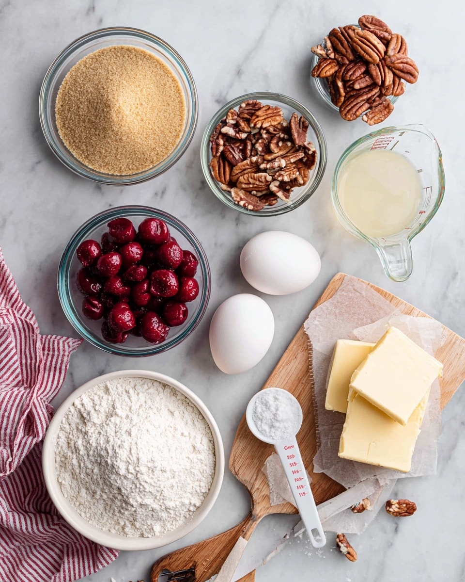 The image shows several small clear glass bowls and a white bowl arranged on a white marbled surface. One clear glass bowl is full of light brown sugar, another has pecan halves, and a third contains white powder, possibly flour or cornstarch. The white bowl in the center holds bright red frozen cherries. Two white eggs sit directly on the marbled surface near a pile of white flour in a larger glass bowl. A small wooden board holds a square piece of pale yellow butter, while two more small square pieces of butter rest on a translucent paper nearby. There is a clear measuring cup with a pale liquid, likely oil or water, and two spoons: a white plastic measuring spoon and a small wooden spoon with white salt. A red and white striped cloth napkin is partially visible at the bottom left. photo taken with an iphone --ar 4:5 --v 7