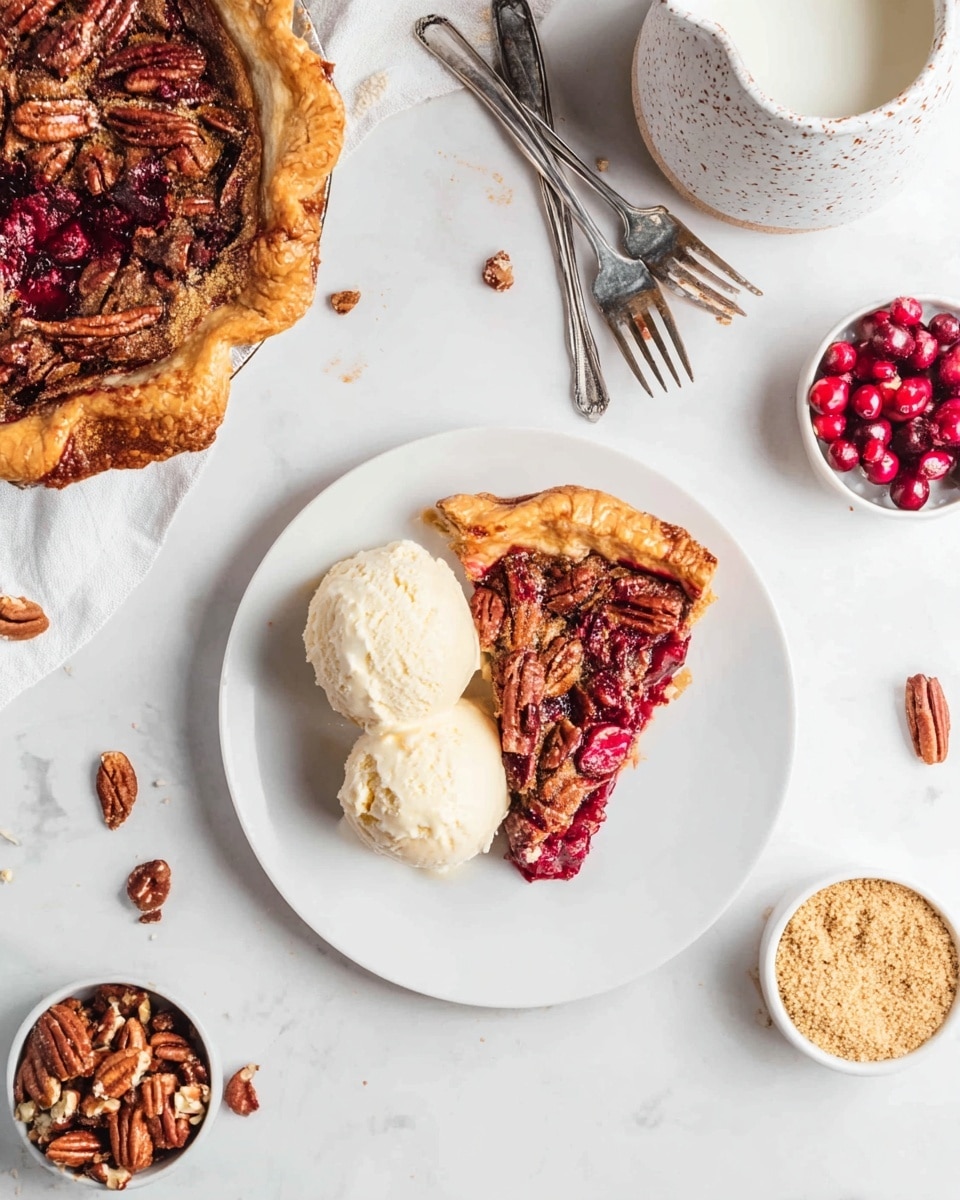 A white plate holds one slice of pie with a golden brown crust. The pie filling is dark red with bright red berries and shiny brown pecan nuts spread on top, giving a textured, glossy look. Next to the slice, there are two scoops of creamy vanilla ice cream with a smooth texture. Around the plate, some pecan pieces are scattered on the white marbled surface. To the plate’s left, a larger pie shows the same golden crust and nutty red berry filling. Nearby are two shiny silver forks crossed and a small white bowl full of light brown crumbly sugar. On the right, a small white bowl contains fresh red cranberries, and another white container holds some broken pecans. Above the plate, a speckled white ceramic pitcher filled with milk is placed. The whole scene is set on a white marbled texture. photo taken with an iphone --ar 4:5 --v 7