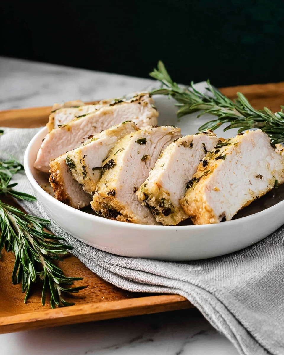 A white shallow bowl filled with several thick, pale slices of cooked chicken meat, showing a light golden-brown crust with flecks of green herbs on the surface. The chicken is stacked loosely in the bowl, placed on a light gray cloth on a wooden tray. Fresh green rosemary sprigs lay beside the bowl, adding a fresh touch, and the background is dark, making the white bowl and food stand out clearly. The whole setting is on a white marbled surface photo taken with an iphone --ar 4:5 --v 7