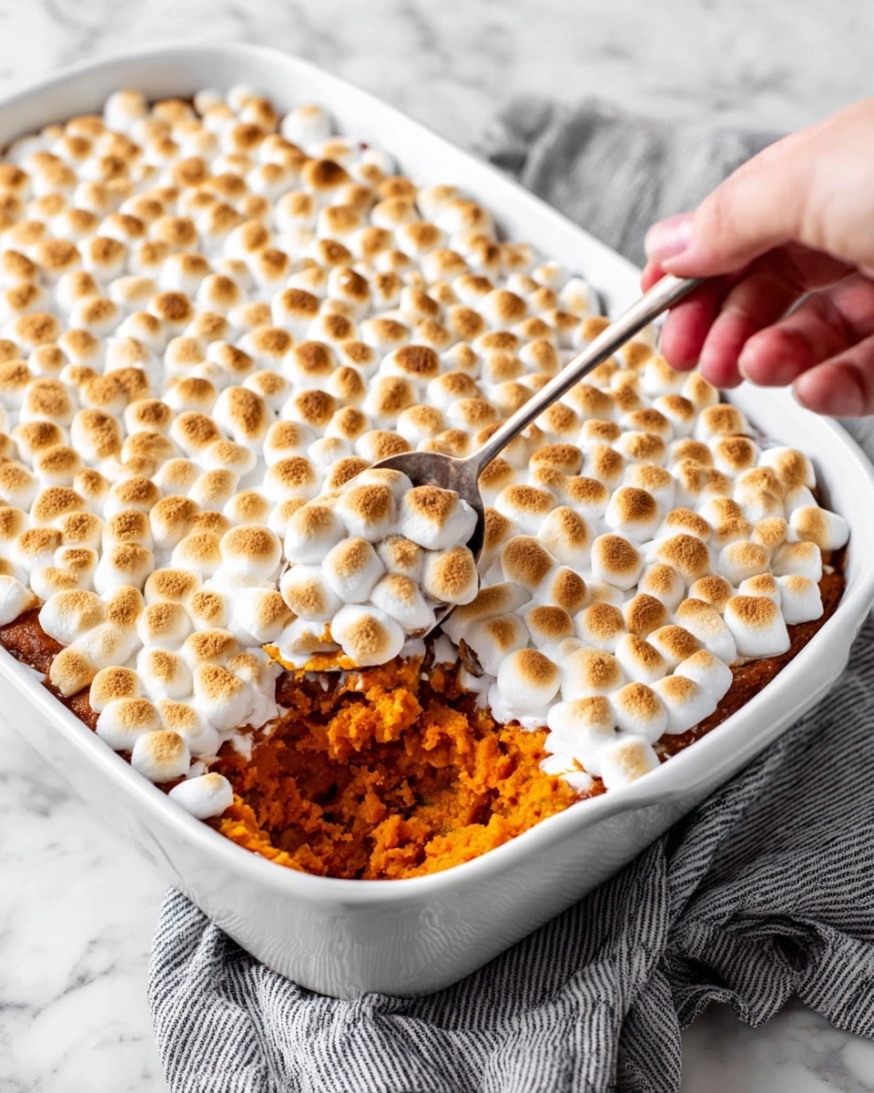 A white baking dish filled with a sweet potato casserole that has two visible layers: the bottom layer is a bright orange mash of sweet potato, soft and textured, while the top layer is a thick, even cover of small toasted marshmallows with golden brown spots on a white surface; a woman's hand holds a silver spoon scooping a portion from the corner, showing the contrast between the fluffy marshmallows and the smooth sweet potato underneath, all set on a white marbled surface with a gray and white striped cloth nearby photo taken with an iphone --ar 4:5 --v 7