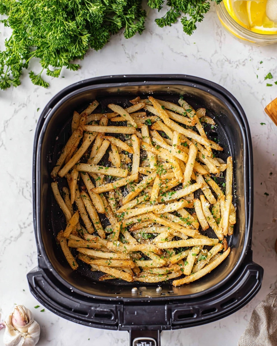 The image shows a single layer of light golden fries inside a black air fryer basket. The fries are thin, unevenly cooked with some edges slightly darker, sprinkled with green herbs and tiny white grated pieces on top. The basket rests on a white marbled surface with a bunch of fresh green parsley and two garlic cloves placed in the upper left corner, while some small napkin edges and a yellow drink with a slice of lemon appear on the right side. The photo taken with an iphone --ar 4:5 --v 7