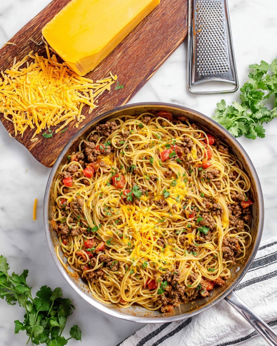 A white bowl filled with three main layers: the base layer is twisted yellow spaghetti noodles, the middle layer shows small chunks of cooked brown ground meat mixed in, and the top layer includes bright red tomato pieces and fresh green herb leaves scattered across. The dish is seasoned with a light dusting of spices visible on the noodles and meat. A fork is placed inside the bowl on the left side, partially lifting some spaghetti. The bowl sits on a white marbled surface, with some green herbs visible in the background and a white towel with black stripes partially shown on the lower right side. photo taken with an iphone --ar 4:5 --v 7