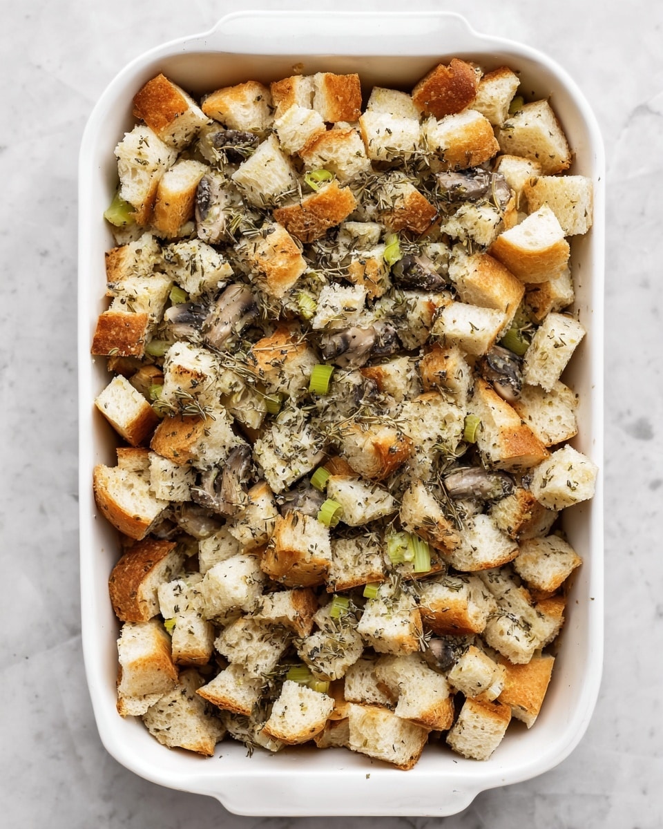 The image shows a white rectangular baking dish filled with a single layer of cubed bread pieces that are off-white with light brown crusts. Mixed in are small green vegetable pieces, likely celery, and thin slices of mushrooms with a grey-brown texture. The bread cubes are sprinkled evenly with dried herbs, visible as small greenish and gray flakes, giving a speckled appearance over the top. The dish is placed on a white marbled surface. photo taken with an iphone --ar 4:5 --v 7