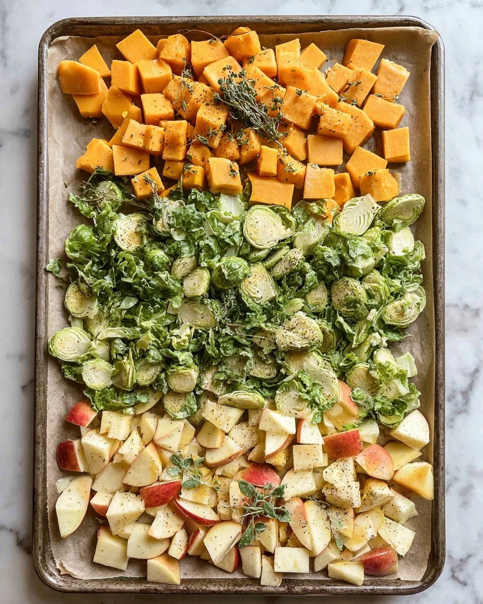 A baking tray lined with light brown parchment paper holds three layers of chopped ingredients arranged horizontally. The top layer is small orange cubes of butternut squash dotted with sprigs of green herbs and ground black pepper. The middle layer features roughly torn green Brussels sprout leaves with some sliced pieces scattered throughout, also sprinkled with black pepper. The bottom layer consists of small beige and blush-colored apple cubes, some showing red skins, with a light dusting of black pepper and herbs. The tray sits on a white marbled surface. Photo taken with an iphone --ar 4:5 --v 7