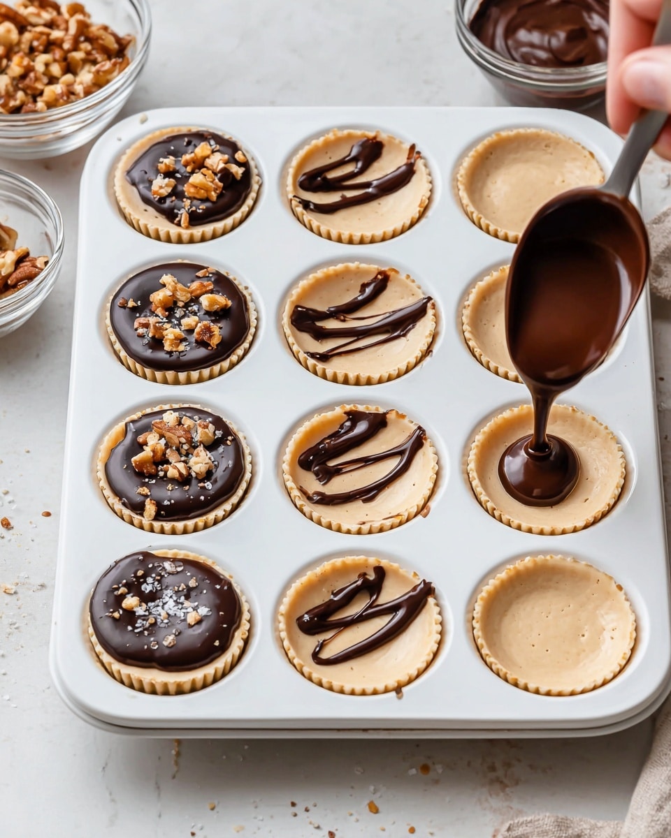 A white tray with twelve round cavities shows a dessert being made. The bottom layer in each cavity is creamy light brown with a smooth texture. Three cavities on the left have a dark shiny chocolate layer on top, sprinkled with rough-textured nut pieces and little flakes of salt. The middle three cavities in the second column are decorated with thin dark chocolate drizzles over the light brown base. A spoon held by a woman's hand is pouring glossy melted dark chocolate into one cavity on the bottom right. In the background, small clear bowls hold nut pieces and more melted chocolate on a white marbled surface. photo taken with an iphone --ar 4:5 --v 7