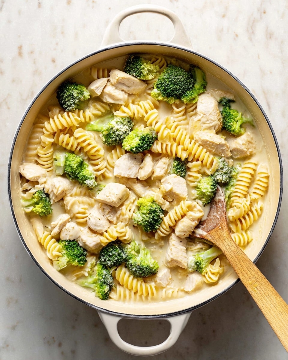A white pot filled with creamy sauce at the bottom forms the base layer, topped with light yellow spiral rotini pasta that covers most of the pot. Scattered throughout are chunks of light-colored chicken pieces and bright green broccoli florets evenly spread around. A wooden spoon with a smooth texture rests on the right side, partially submerged in the sauce and pasta. The whole scene is set on a white marbled surface under good lighting that shows the creamy texture and fresh colors. photo taken with an iphone --ar 4:5 --v 7