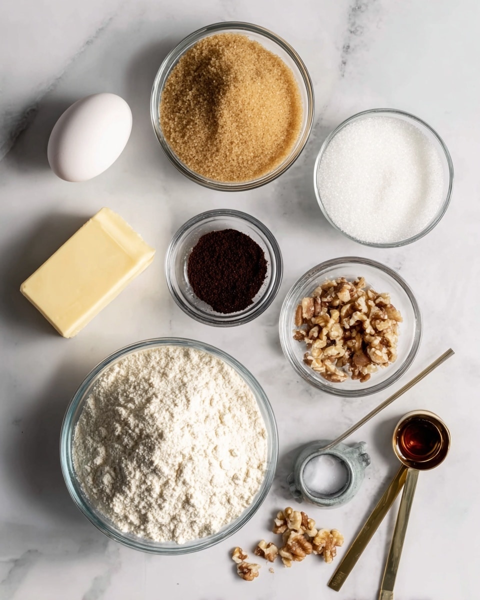 The image shows seven ingredients neatly arranged on a white marbled surface. At the center-right is a clear glass bowl filled with light brown sugar, coarse in texture, next to a clear glass bowl with white granulated sugar at the top right. To the left of the brown sugar is a shiny white egg. Below the egg is a small clear glass bowl with dark brown coffee grounds. At the bottom left, there is a larger clear glass bowl full of white flour with a small mound in the center. Near the bottom edge is a stick of pale yellow butter. At the bottom right corner, a small grey measuring cup holds crushed nuts, with some scattered around it, and next to it are two golden metal measuring spoons, one holding a small amount of dark vanilla extract. Photo taken with an iphone --ar 4:5 --v 7