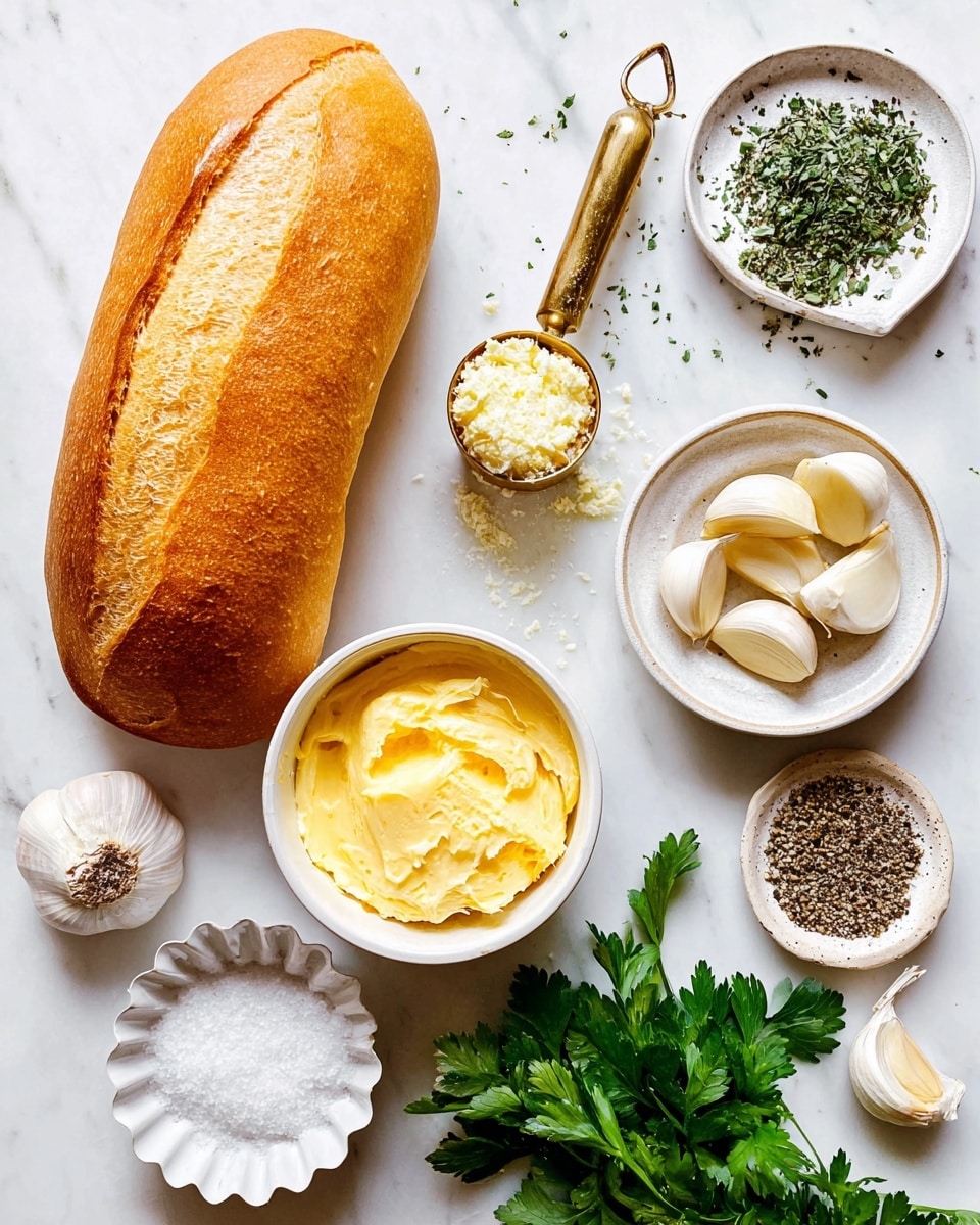 A loaf of golden-brown bread with a smooth crust lies on a white marbled surface, surrounded by a white bowl filled with soft yellow butter in the center. To the right, there is a white plate holding several peeled garlic cloves and a small white bowl with a pale yellow garlic paste. Above the butter, a brass measuring scoop holds coarse white cheese, and next to it is a white spoon with dried green herbs. Below the butter, a scalloped white dish contains coarse sea salt, and beside it, a small round bowl has cracked black pepper. Fresh green parsley leaves rest on the lower right side, adding a bright touch of color. Photo taken with an iphone --ar 4:5 --v 7