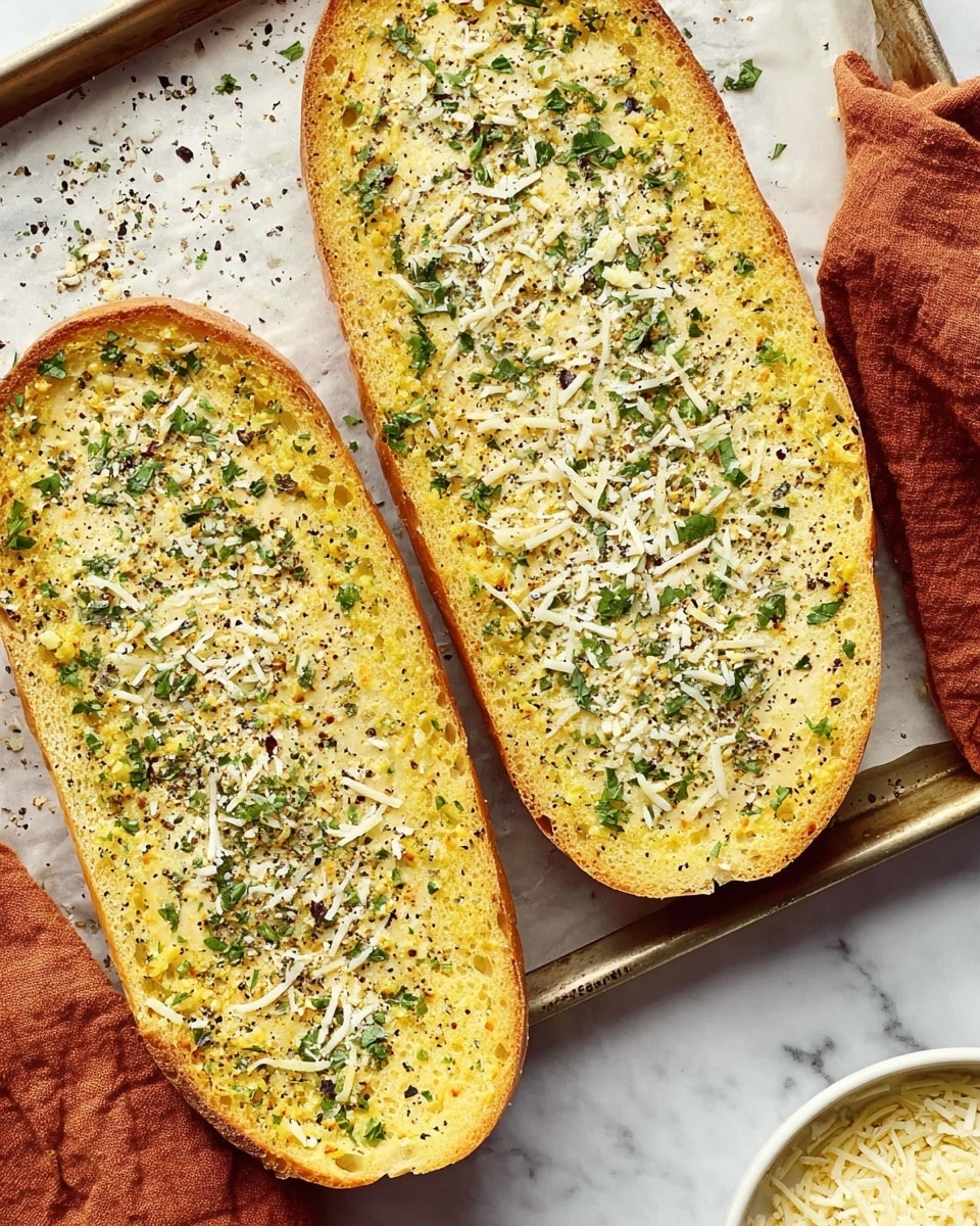 Two large halves of garlic bread are shown on a baking tray over a white marbled surface. Each bread piece has a golden-yellow layer of buttery garlic spread mixed with finely chopped green herbs, giving it a textured look with small bits scattered evenly. A layer of finely grated white cheese is spread thinly on top, dotted with ground black pepper and herbs, adding a speckled effect. The edges of the bread are toasted slightly brown, contrasting with the soft, flavorful center. The right side of the image shows a sprinkle of grated cheese on the baking tray next to a rusty orange cloth. Photo taken with an iphone --ar 4:5 --v 7